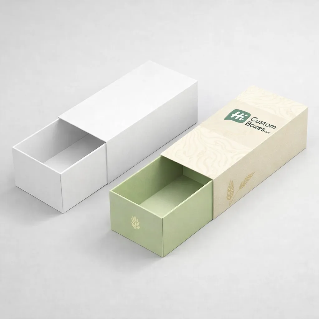Luxury slide-out drawer packaging for vermicelli with a light green inner tray and elegant wheat illustrations. class=